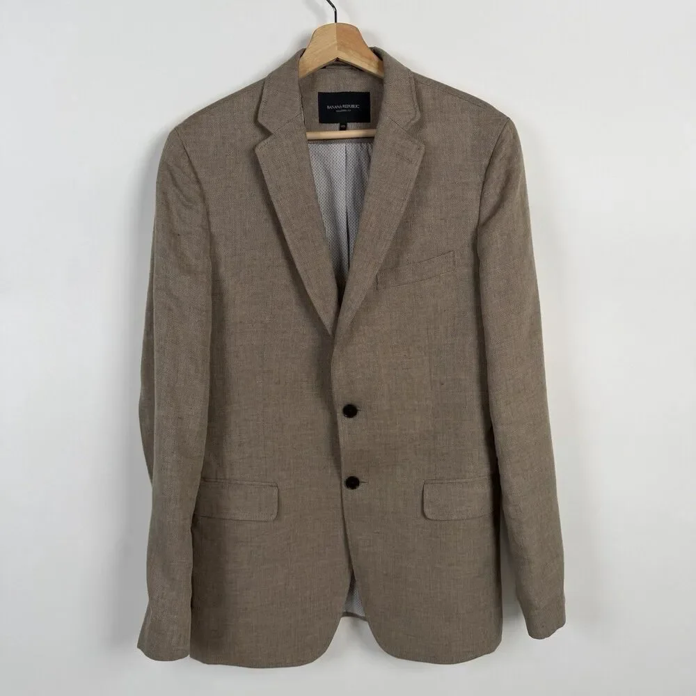 Banana Republic Mens 40L Linen Sportcoat Beige Khaki Tailored Fit Surgeon Cuffs